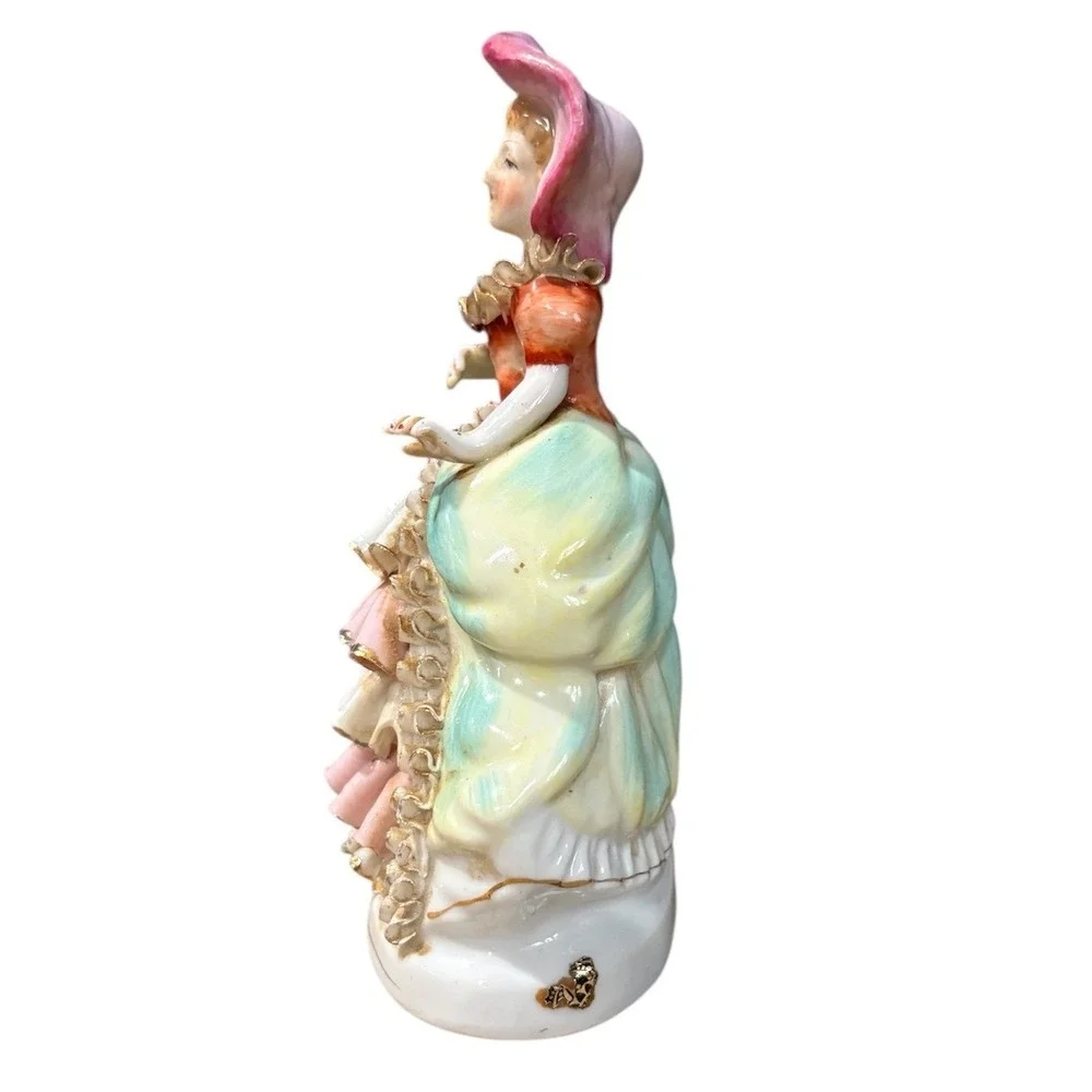 Vintage Multicolor Porcelain Lady Figurine Tiered Ruffle Dress‎ Pink Bonnet